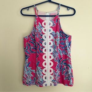 Lilly Pulitzer Annabelle halter top coral pink and blue pattern with white trim